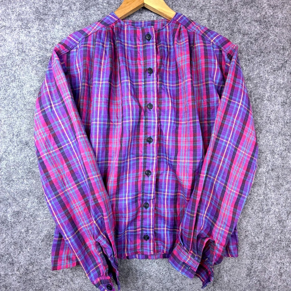 Vintage‎ 70s 80s Blouse Womens M Pink Purple Plaid Dopamine Fun Button Front